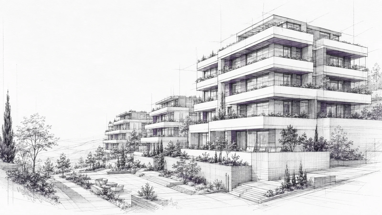 Grafit çizgiler ve mor detaylarla çağdaş konut mimarisi eskizi